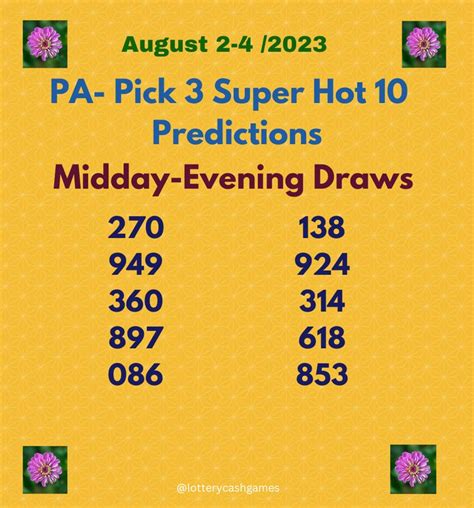Cash 3 Evening (Georgia) From SUN 111223 Thru SUN 123123 Total draws in selected range 50 Top 3 hot numbers 9, 5, 4 Top 3 cold numbers 8, 7, 0 Top 3 overdue numbers 4, 1, 7 Set Combinations; 1 7-4-9 2 9-0-5 3 8-4-4 4 5-5-4 5 7-5-9 6 0-5-4 7 0-4-7 8 4-0-9 9 7-4-7 10 8-7-9 Back to Smart Pick. . Cash 3 predictions midday